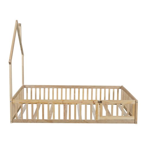 Bellemave® Full Size Wood House Floor Bed with Guardrail - Bellemave