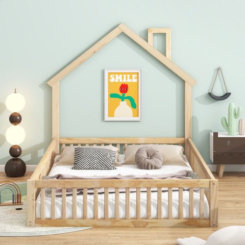 Bellemave® Full Size Wood House Floor Bed with Guardrail - Bellemave
