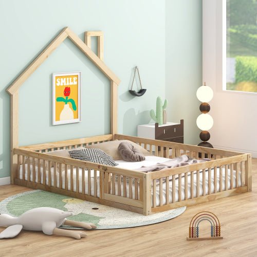 Bellemave® Full Size Wood House Floor Bed with Guardrail - Bellemave
