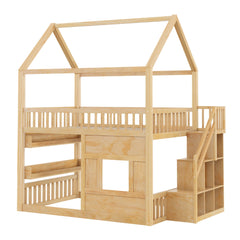 Bellemave® Full Size Wood House Loft Bed with LED Shelf, Ladder, Guardrails & Storage - Bellemave