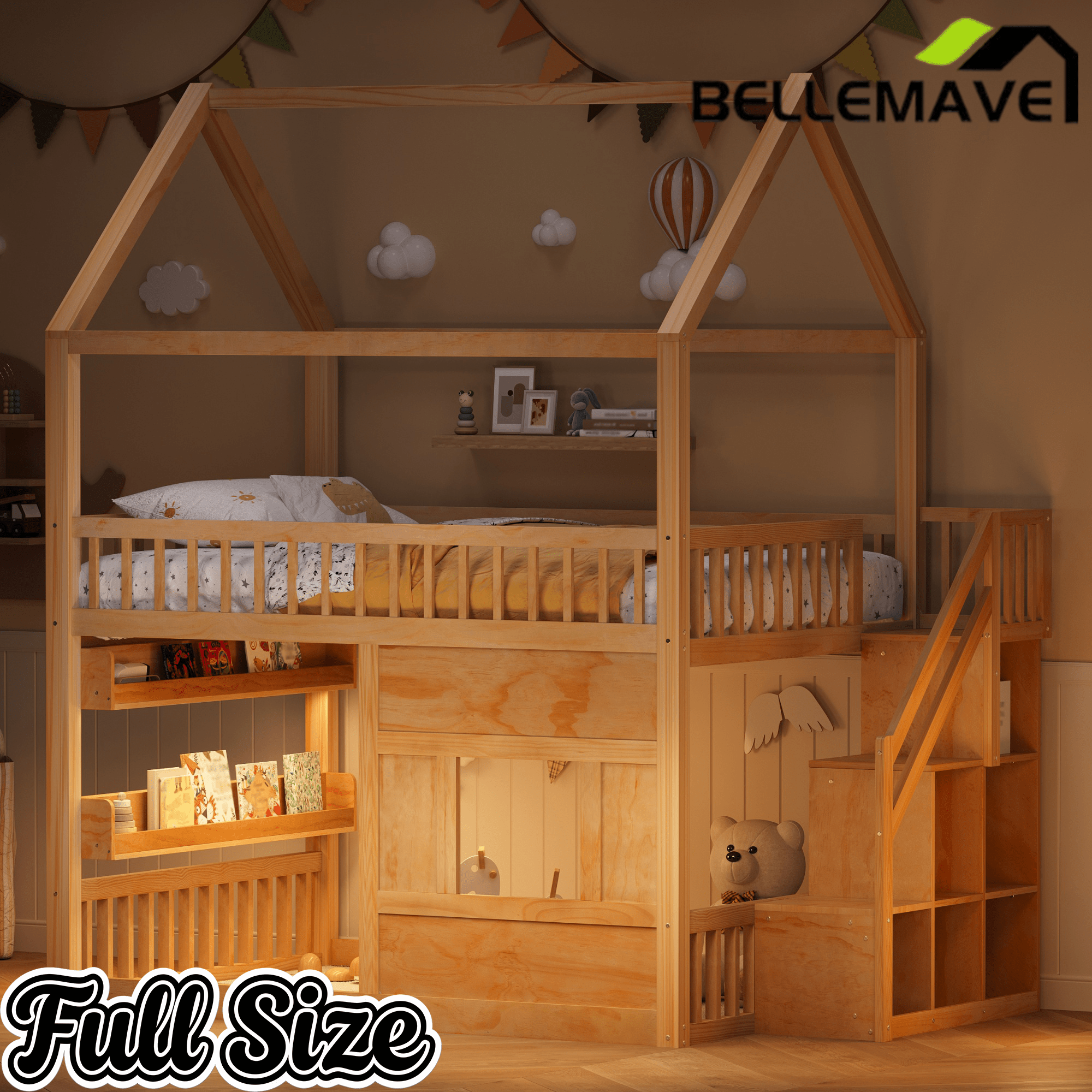 Bellemave® Full Size Wood House Loft Bed with LED Shelf, Ladder, Guardrails & Storage - Bellemave