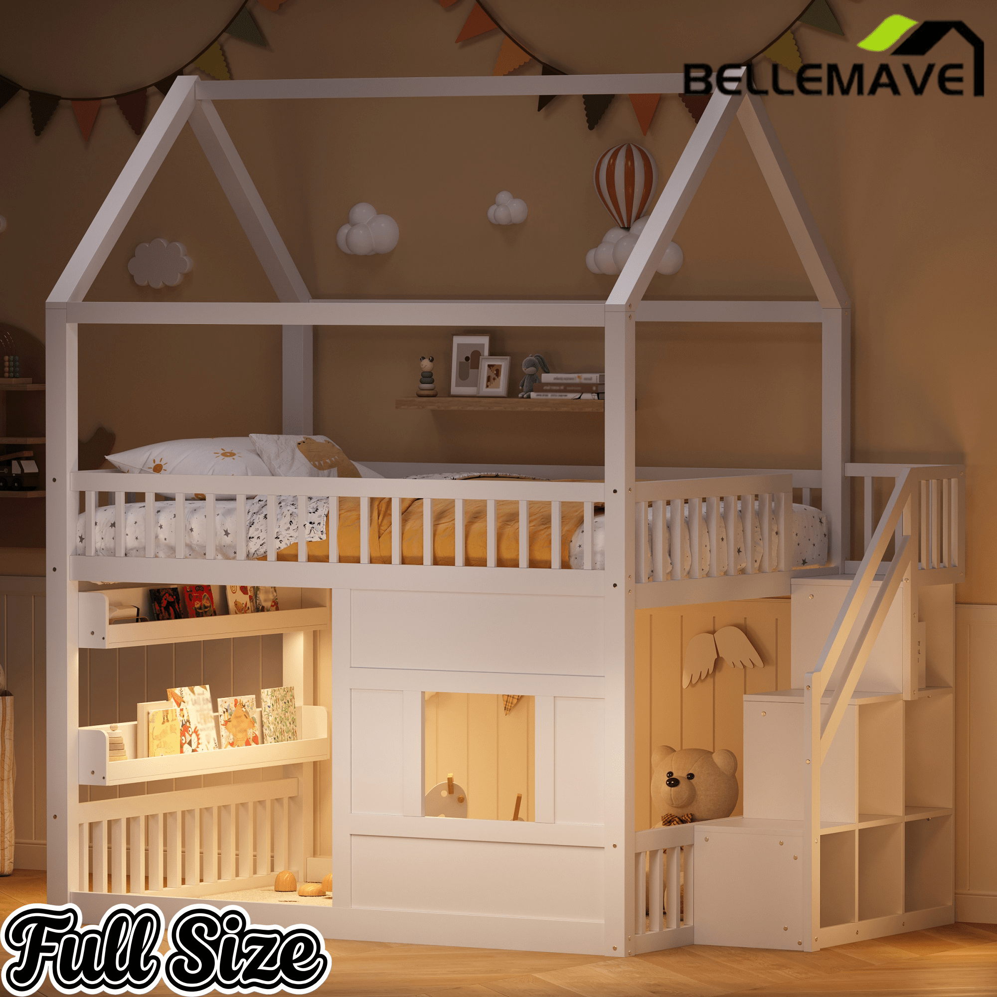 Bellemave® Full Size Wood House Loft Bed with LED Shelf, Ladder, Guardrails & Storage - Bellemave