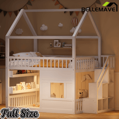 Bellemave® Full Size Wood House Loft Bed with LED Shelf, Ladder, Guardrails & Storage - Bellemave