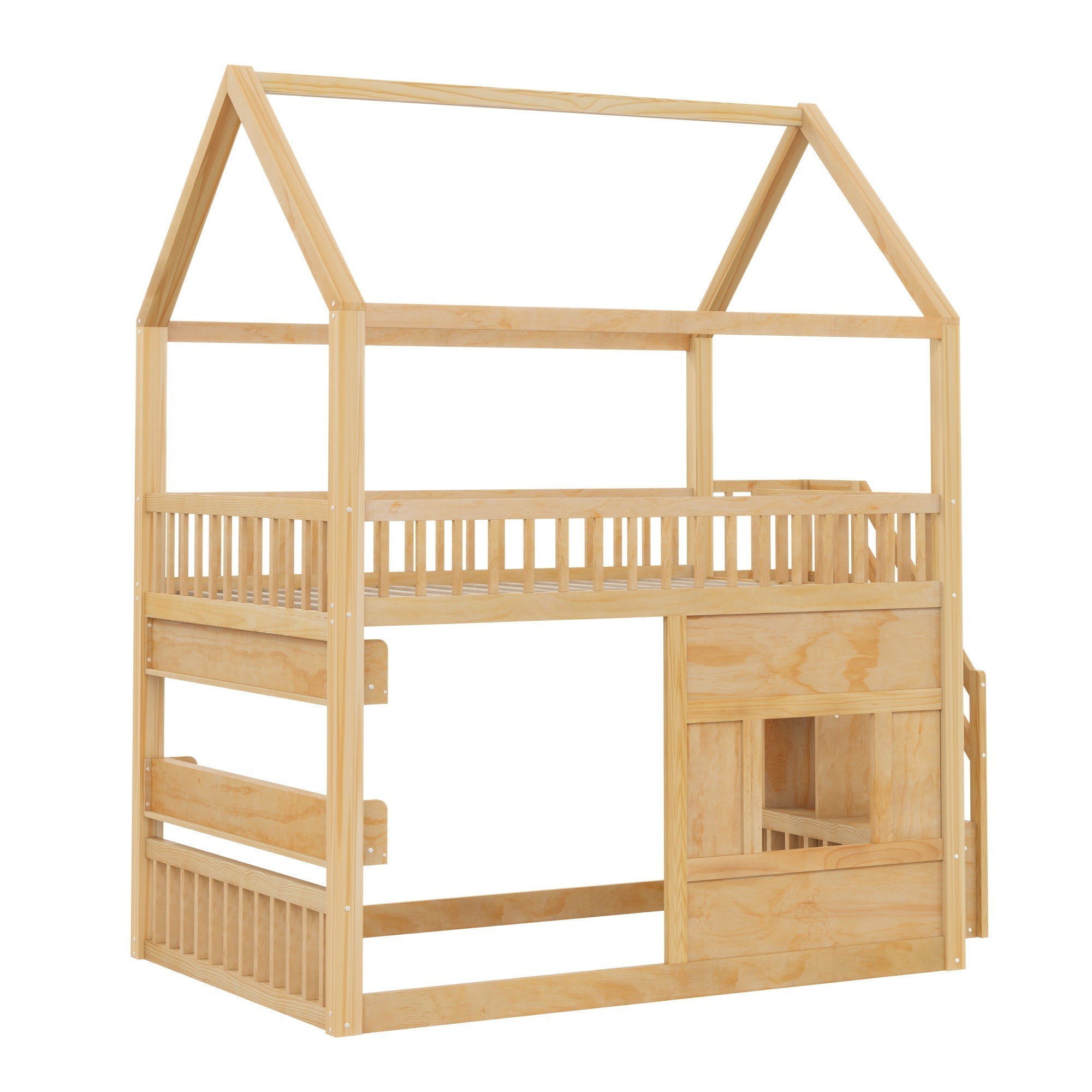 Bellemave® Full Size Wood House Loft Bed with LED Shelf, Ladder, Guardrails & Storage - Bellemave