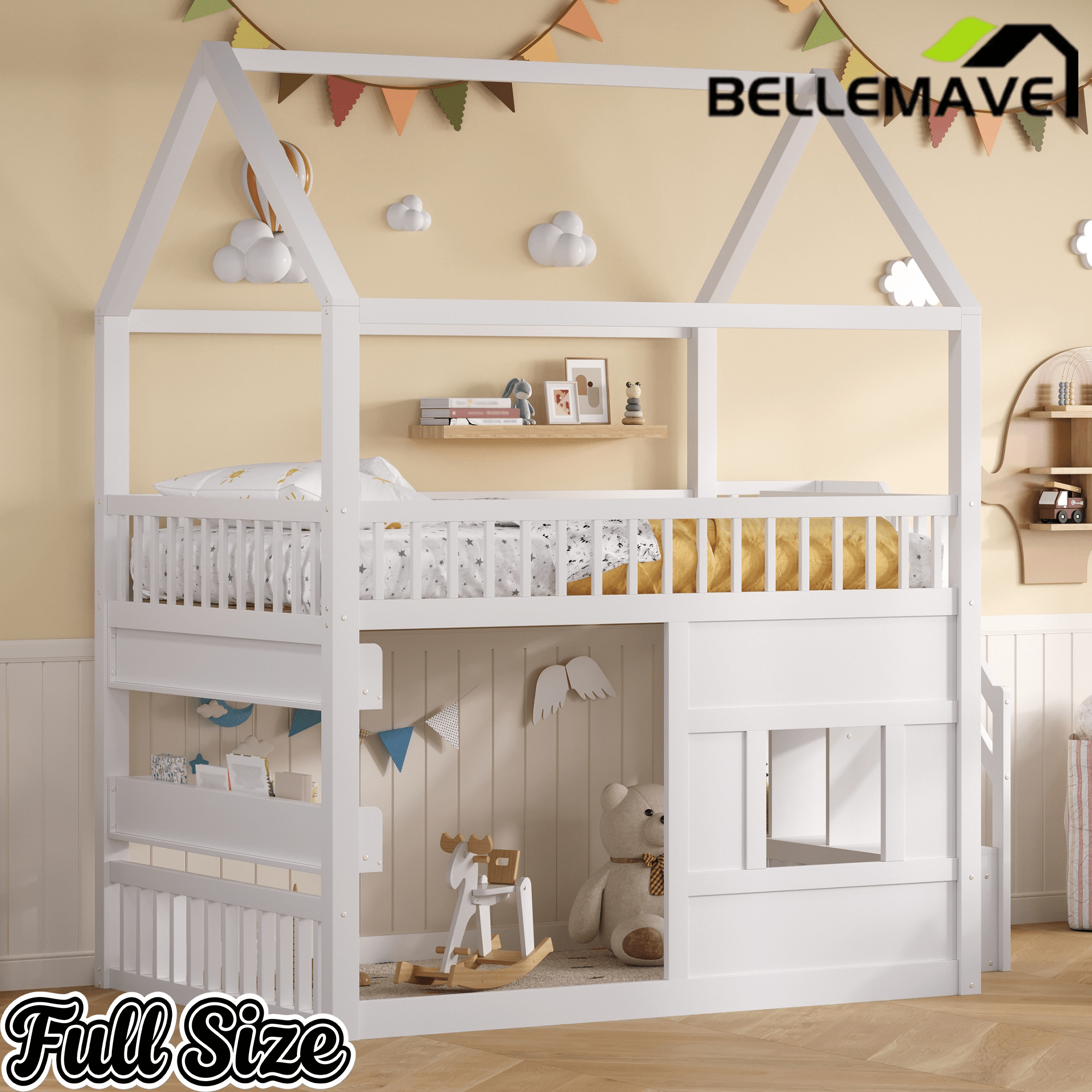Bellemave® Full Size Wood House Loft Bed with LED Shelf, Ladder, Guardrails & Storage - Bellemave