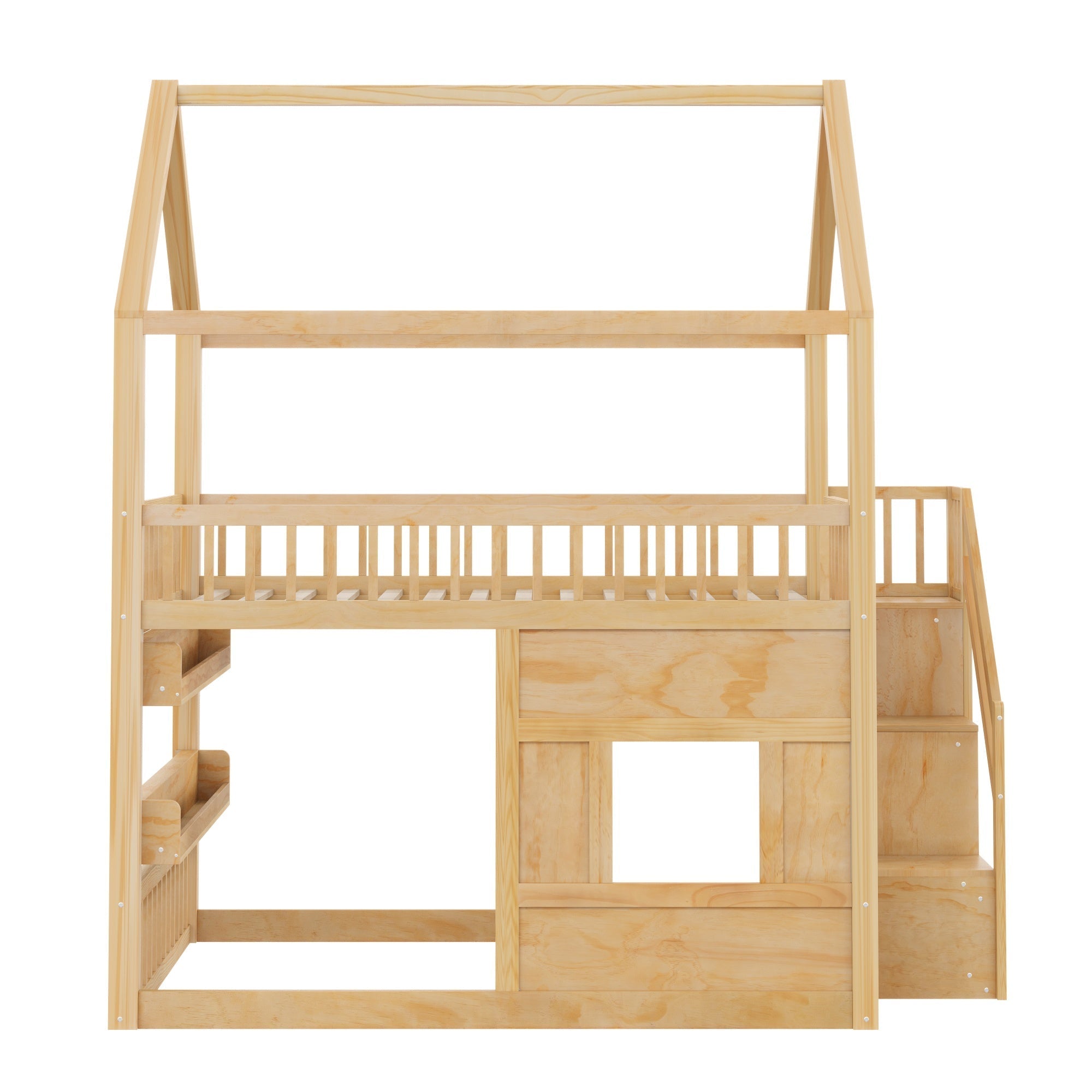 Bellemave® Full Size Wood House Loft Bed with LED Shelf, Ladder, Guardrails & Storage - Bellemave