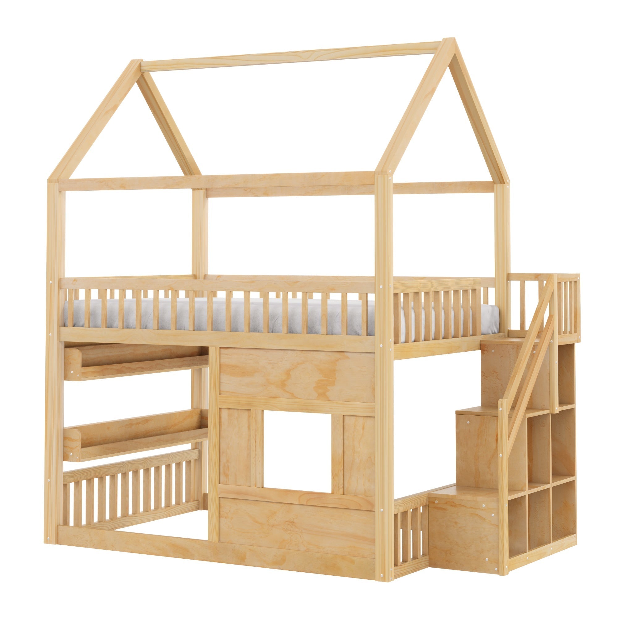 Bellemave® Full Size Wood House Loft Bed with LED Shelf, Ladder, Guardrails & Storage - Bellemave