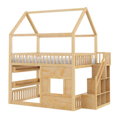 Bellemave® Full Size Wood House Loft Bed with LED Shelf, Ladder, Guardrails & Storage - Bellemave