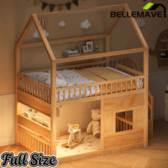 Bellemave® Full Size Wood House Loft Bed with LED Shelf, Ladder, Guardrails & Storage - Bellemave
