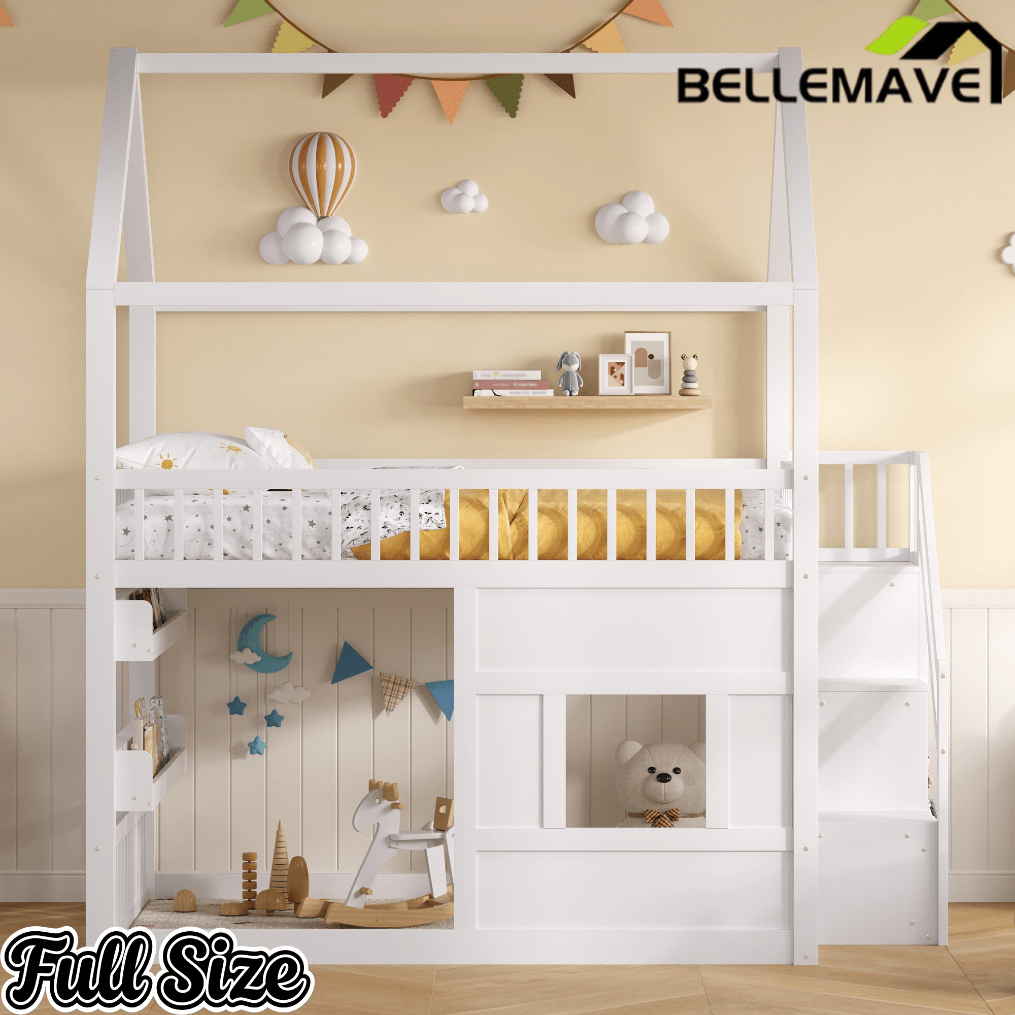 Bellemave® Full Size Wood House Loft Bed with LED Shelf, Ladder, Guardrails & Storage - Bellemave