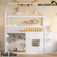 Bellemave® Full Size Wood House Loft Bed with LED Shelf, Ladder, Guardrails & Storage - Bellemave