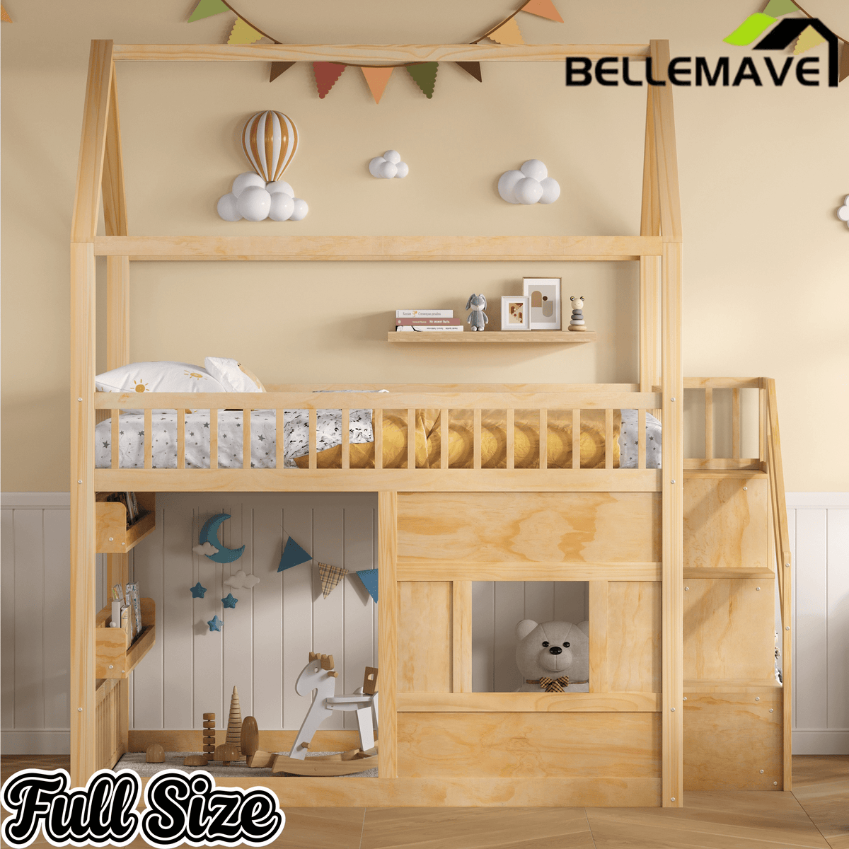 Bellemave® Full Size Wood House Loft Bed with LED Shelf, Ladder, Guardrails & Storage - Bellemave
