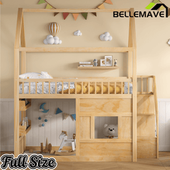 Bellemave® Full Size Wood House Loft Bed with LED Shelf, Ladder, Guardrails & Storage - Bellemave