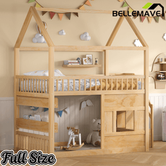Bellemave® Full Size Wood House Loft Bed with LED Shelf, Ladder, Guardrails & Storage - Bellemave