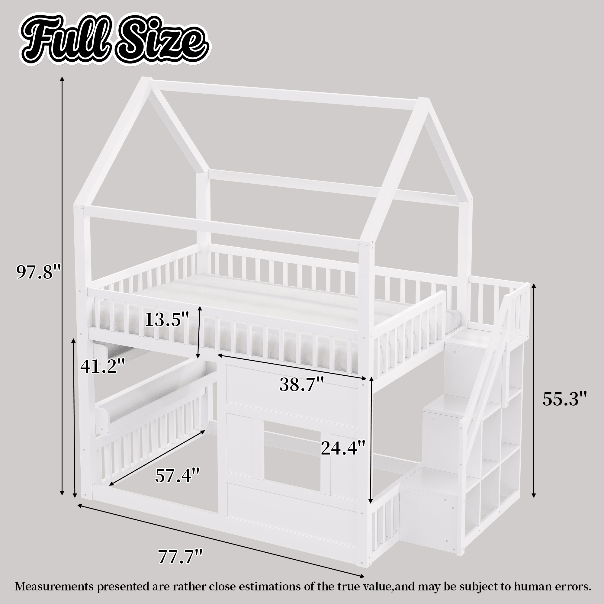 Bellemave® Full Size Wood House Loft Bed with LED Shelf, Ladder, Guardrails & Storage - Bellemave