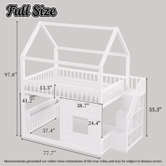 Bellemave® Full Size Wood House Loft Bed with LED Shelf, Ladder, Guardrails & Storage - Bellemave