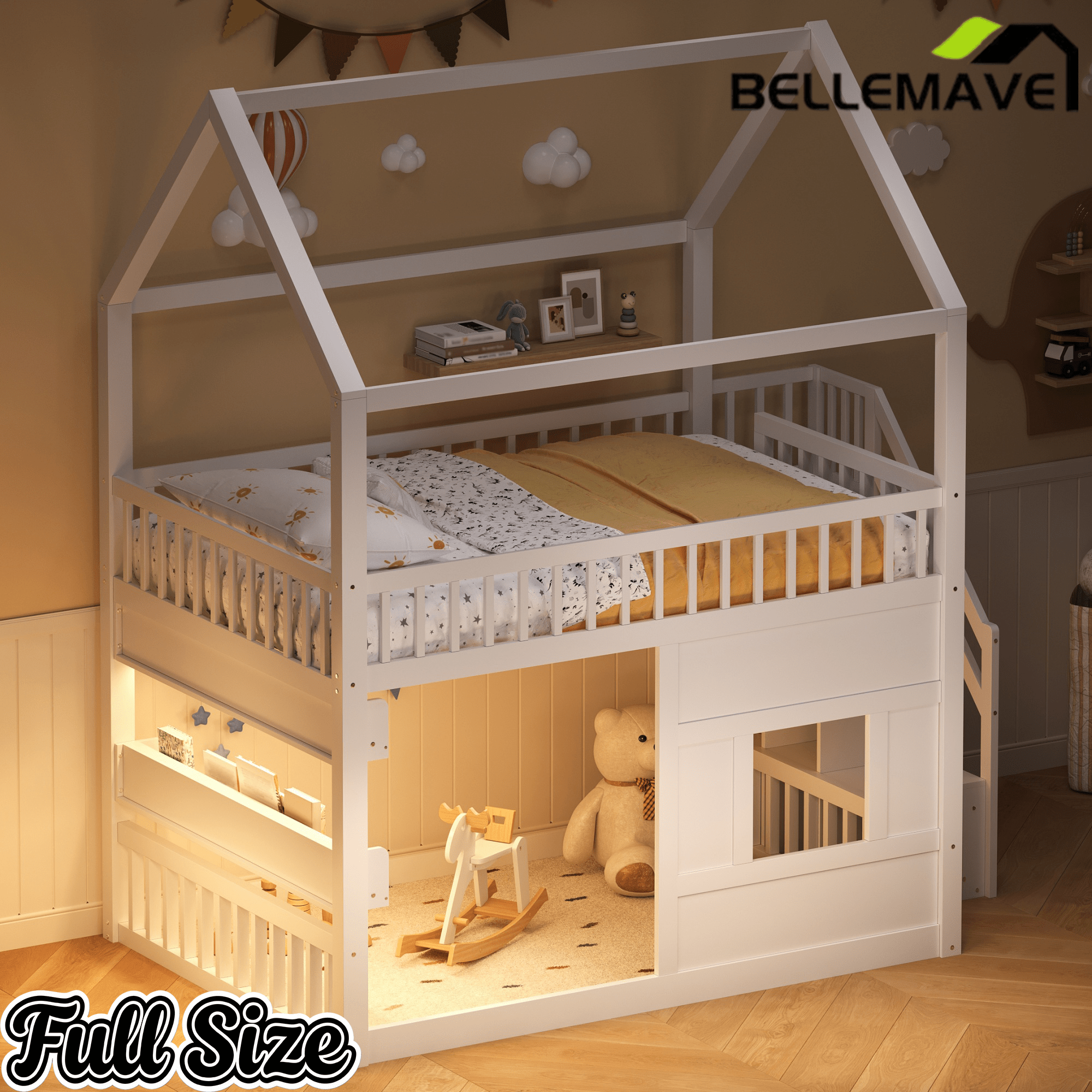 Bellemave® Full Size Wood House Loft Bed with LED Shelf, Ladder, Guardrails & Storage - Bellemave