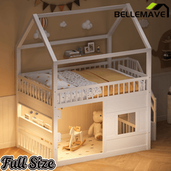 Bellemave® Full Size Wood House Loft Bed with LED Shelf, Ladder, Guardrails & Storage - Bellemave
