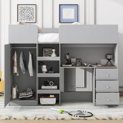 Bellemave® Full Size Wood Loft Bed with Built - in Wardrobe, Desk, Storage Shelves and Drawers - Bellemave