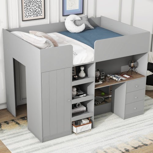 Bellemave® Full Size Wood Loft Bed with Built - in Wardrobe, Desk, Storage Shelves and Drawers - Bellemave