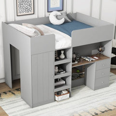 Bellemave® Full Size Wood Loft Bed with Built - in Wardrobe, Desk, Storage Shelves and Drawers - Bellemave