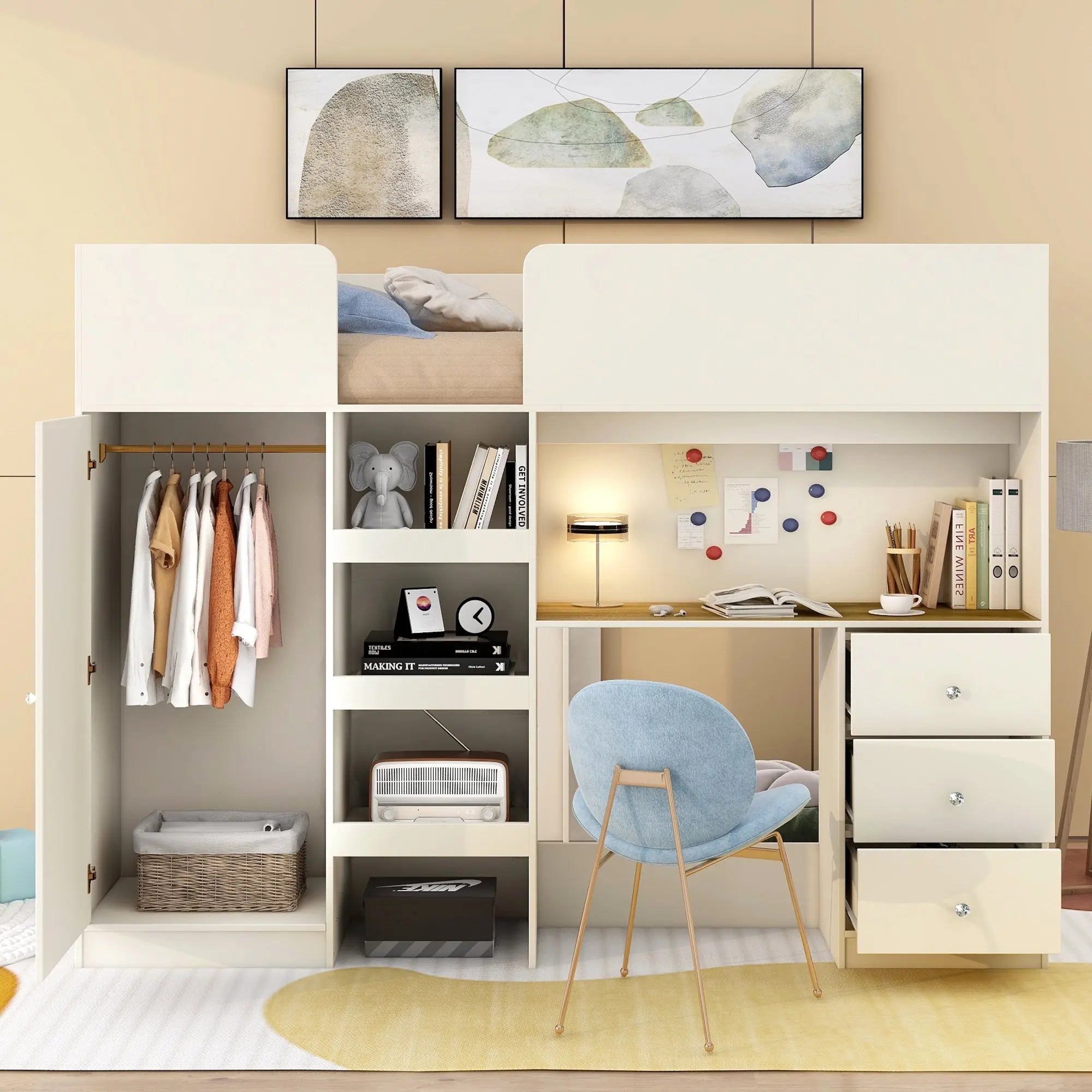 Bellemave® Full Size Wood Loft Bed with Built - in Wardrobe, Desk, Storage Shelves and Drawers - Bellemave