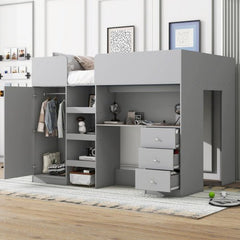 Bellemave® Full Size Wood Loft Bed with Built - in Wardrobe, Desk, Storage Shelves and Drawers - Bellemave