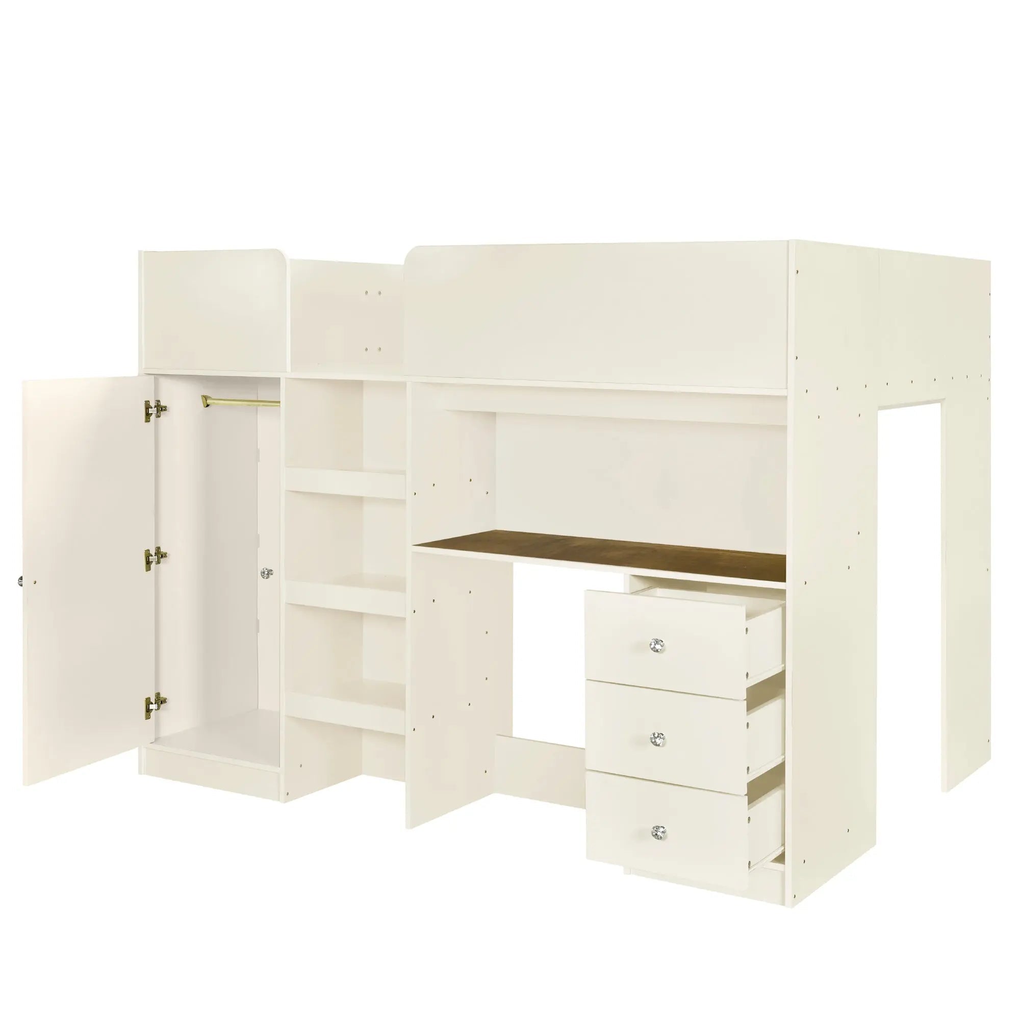 Bellemave® Full Size Wood Loft Bed with Built - in Wardrobe, Desk, Storage Shelves and Drawers - Bellemave