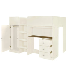Bellemave® Full Size Wood Loft Bed with Built - in Wardrobe, Desk, Storage Shelves and Drawers - Bellemave