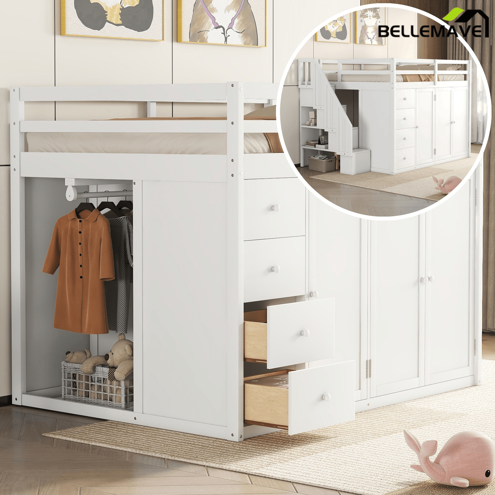 Bellemave® Full Size Wood Loft Bed With Built - in Wardrobes, Cabinets and Drawers, White - Bellemave