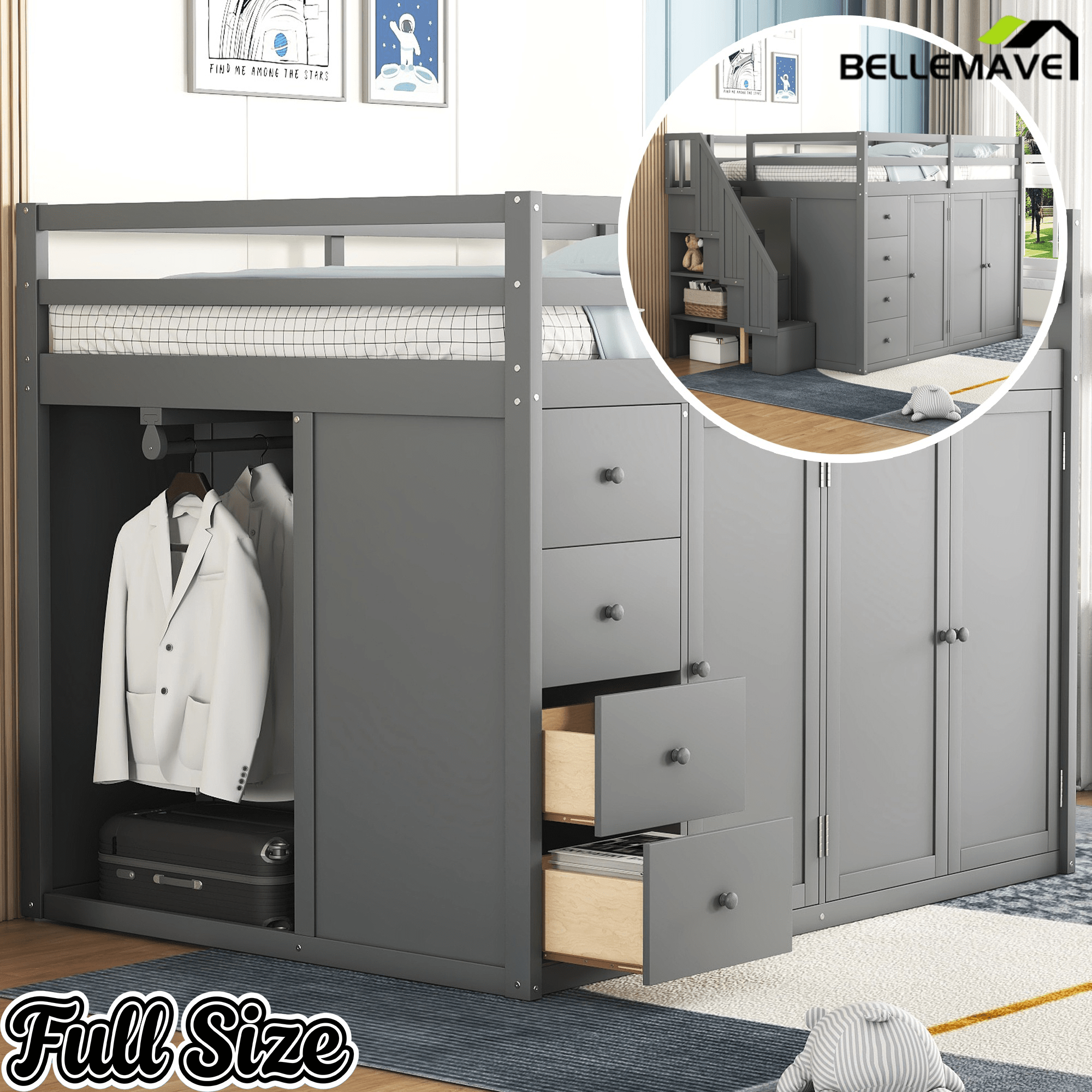Bellemave® Full Size Wood Loft Bed With Built - in Wardrobes, Cabinets and Drawers, White - Bellemave