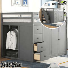 Bellemave® Full Size Wood Loft Bed With Built - in Wardrobes, Cabinets and Drawers, White - Bellemave