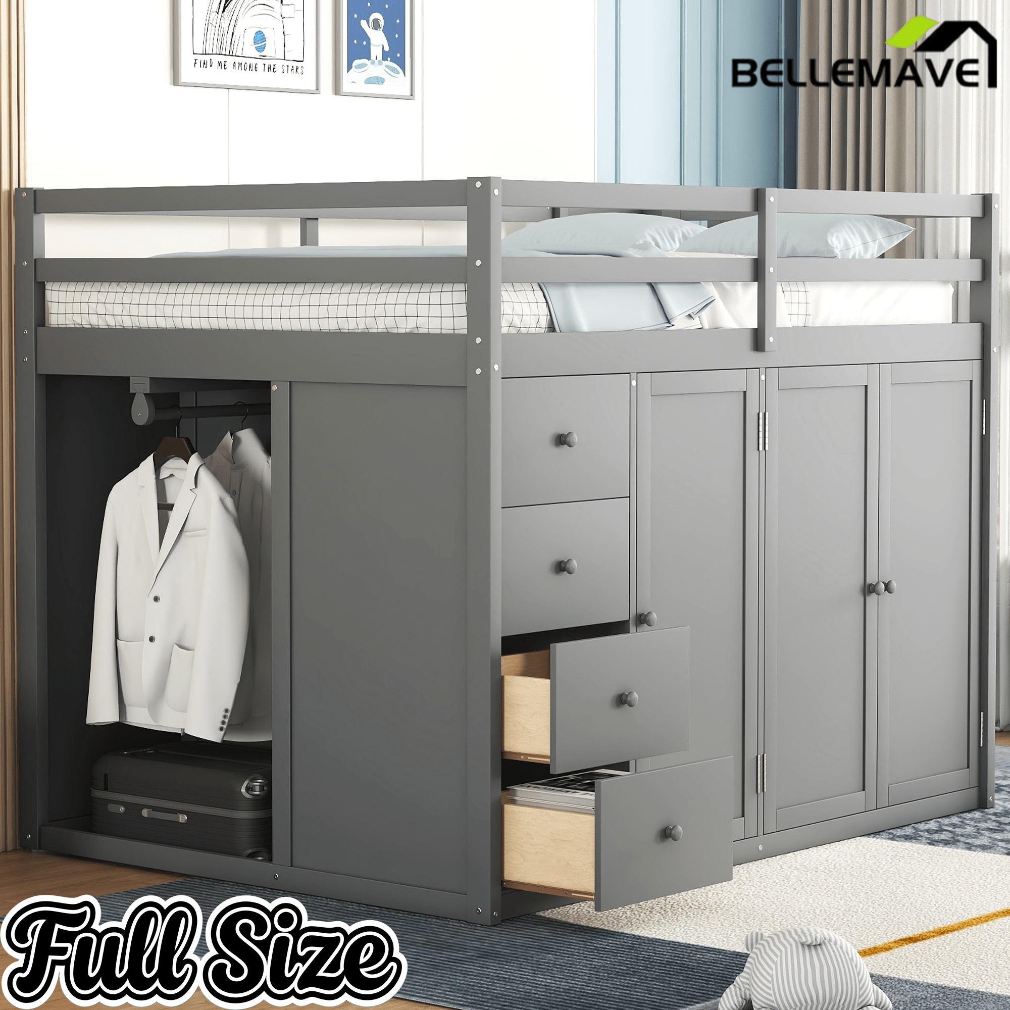 Bellemave® Full Size Wood Loft Bed With Built - in Wardrobes, Cabinets and Drawers, White - Bellemave