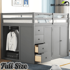 Bellemave® Full Size Wood Loft Bed With Built - in Wardrobes, Cabinets and Drawers, White - Bellemave