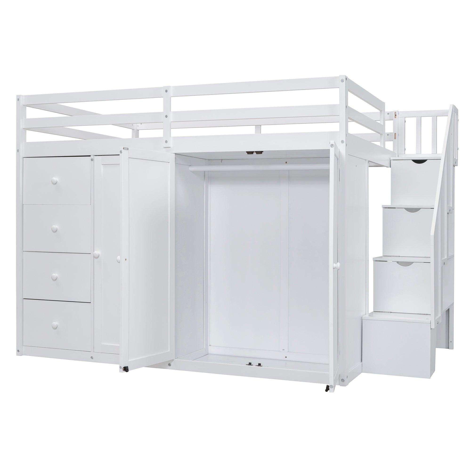 Bellemave® Full Size Wood Loft Bed With Built - in Wardrobes, Cabinets and Drawers, White - Bellemave