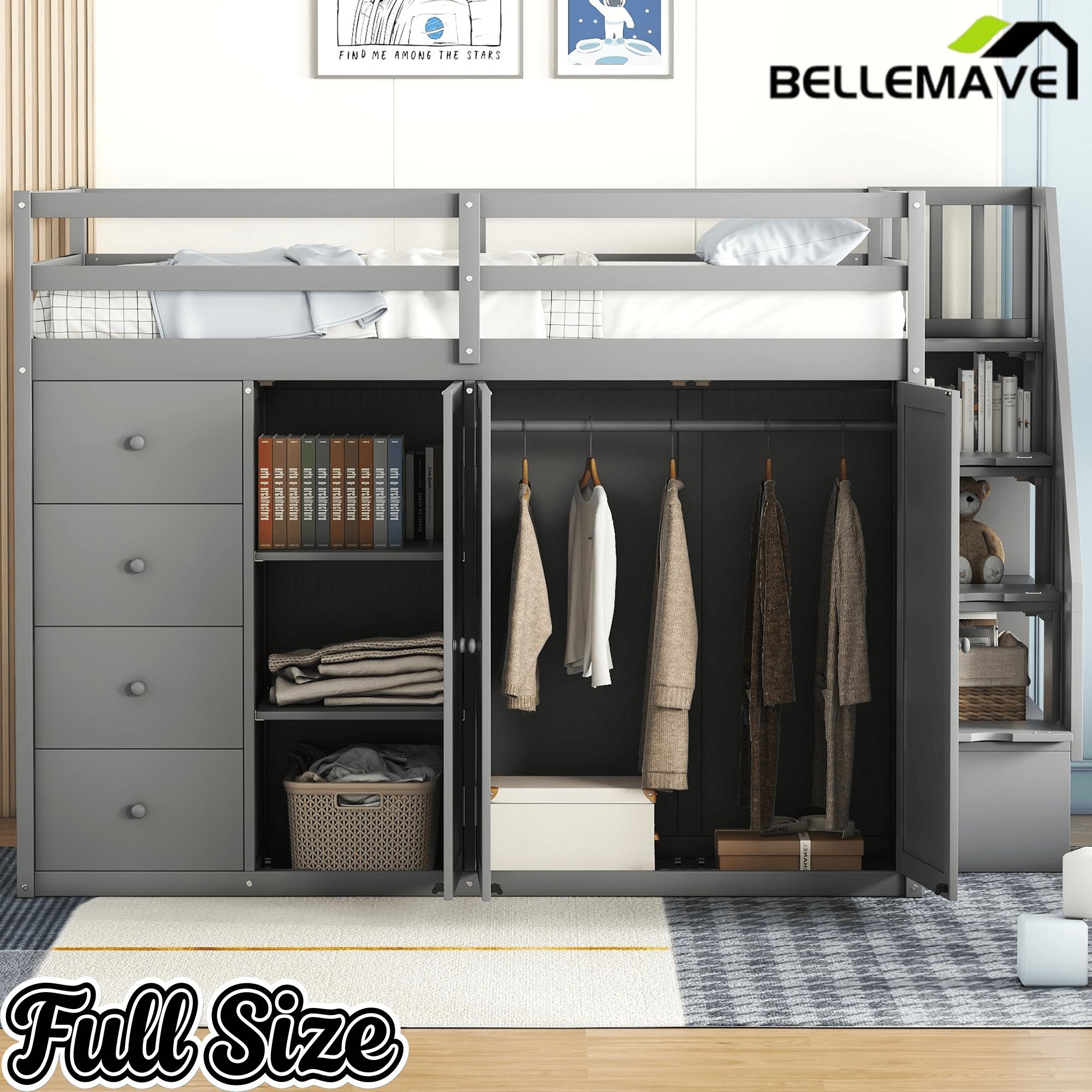 Bellemave® Full Size Wood Loft Bed With Built - in Wardrobes, Cabinets and Drawers, White - Bellemave