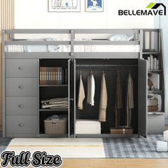 Bellemave® Full Size Wood Loft Bed With Built - in Wardrobes, Cabinets and Drawers, White - Bellemave
