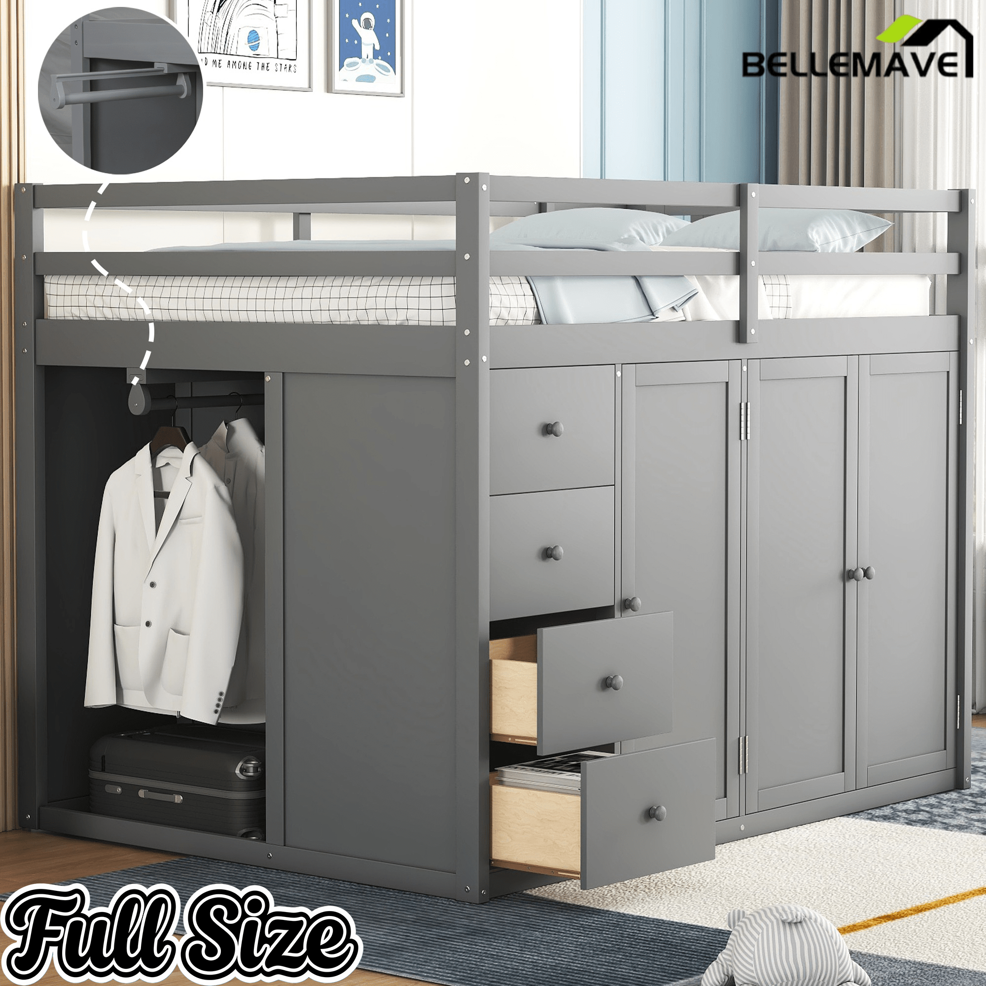Bellemave® Full Size Wood Loft Bed With Built - in Wardrobes, Cabinets and Drawers, White - Bellemave