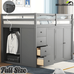 Bellemave® Full Size Wood Loft Bed With Built - in Wardrobes, Cabinets and Drawers, White - Bellemave
