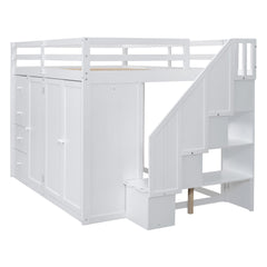 Bellemave® Full Size Wood Loft Bed With Built - in Wardrobes, Cabinets and Drawers, White - Bellemave