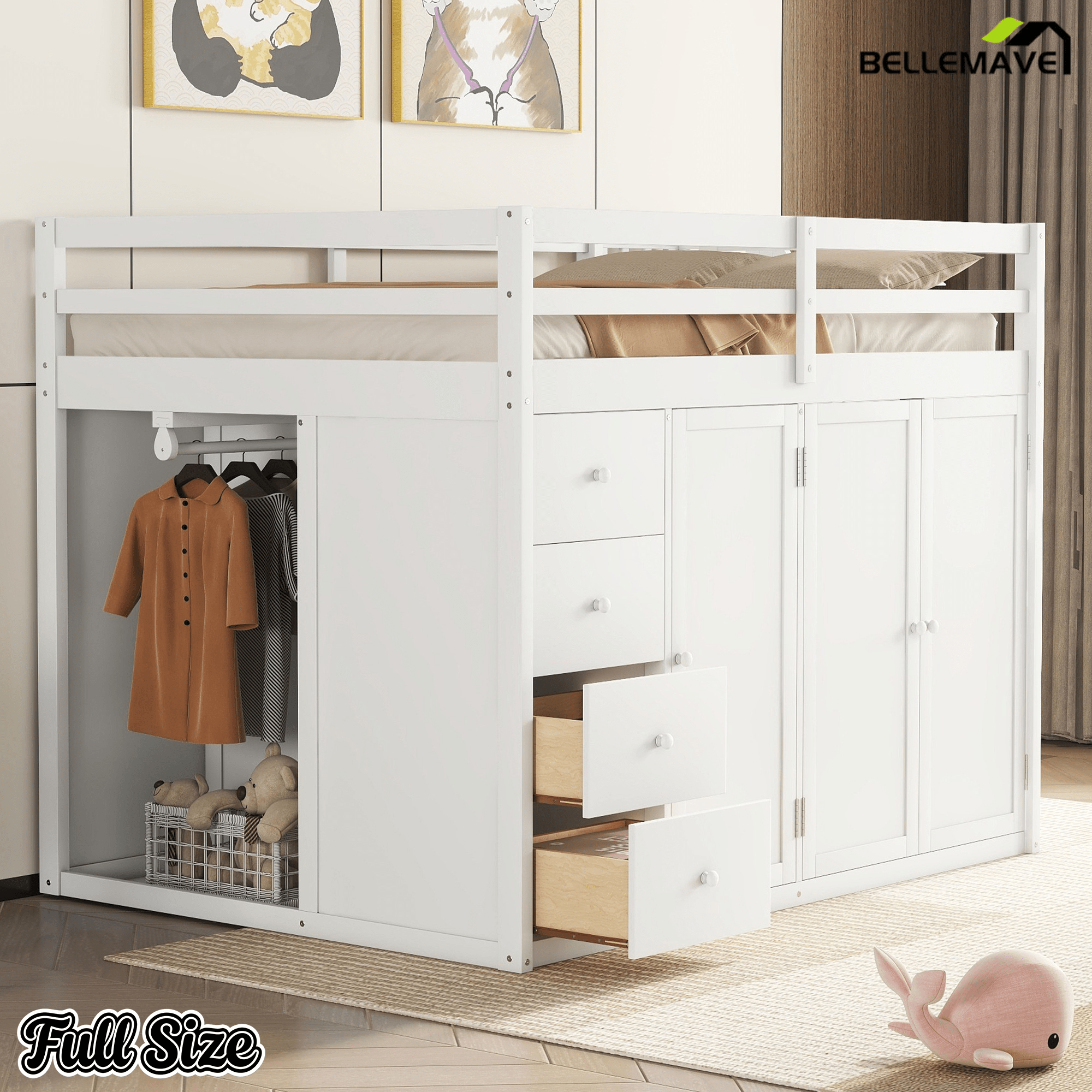 Bellemave® Full Size Wood Loft Bed With Built - in Wardrobes, Cabinets and Drawers, White - Bellemave