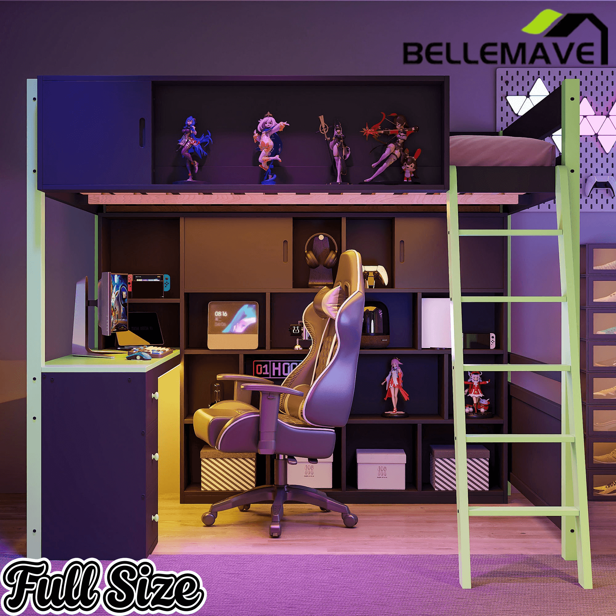 Bellemave® Full Size Wood Loft Bed with Desk, Ample Storage Space and Light, Loft Bed for Kids Bedroom - Bellemave