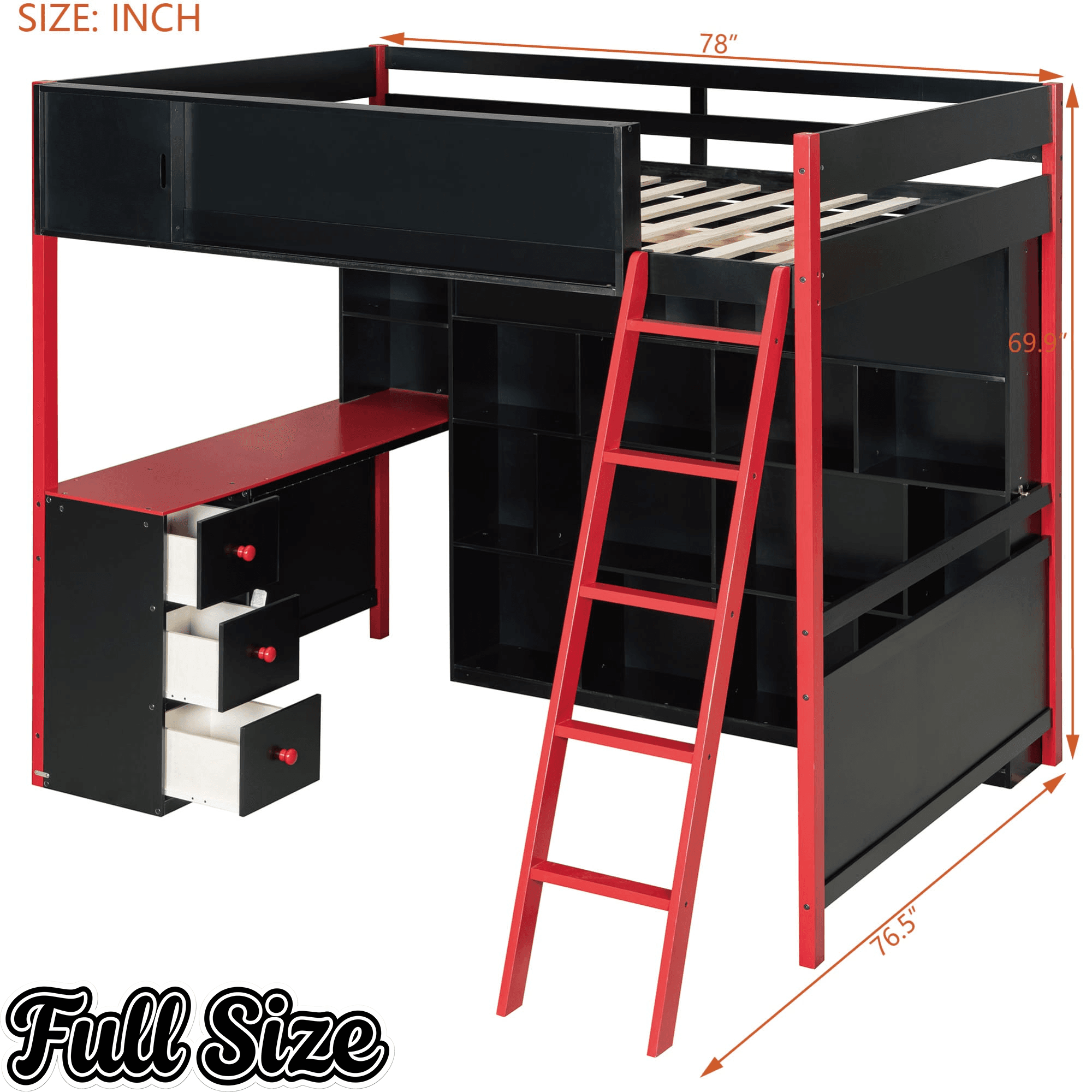 Bellemave® Full Size Wood Loft Bed with Desk, Ample Storage Space and Light, Loft Bed for Kids Bedroom - Bellemave