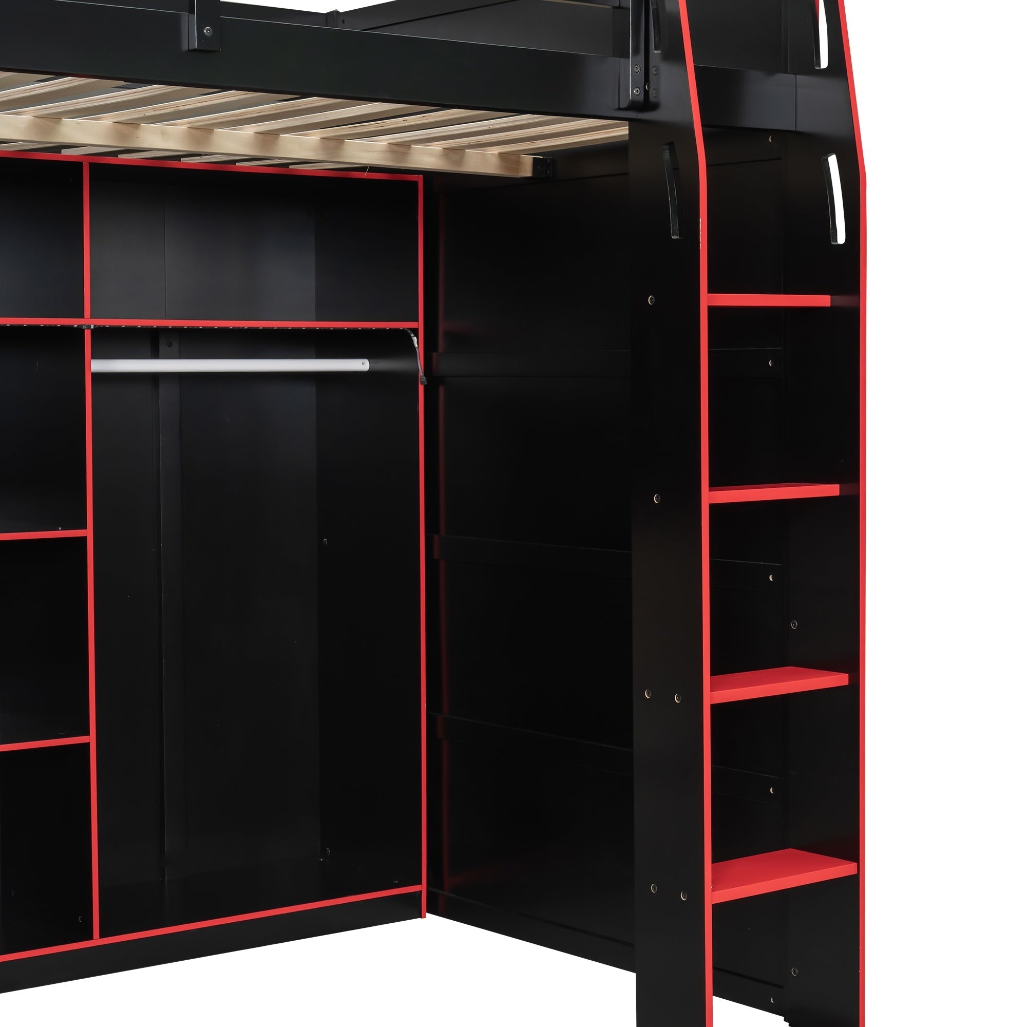 Bellemave® Full Size Wood Loft Bed with Desk, Open Wardrobe, Storage Compartments and RGB Lights - Bellemave
