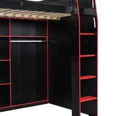 Bellemave® Full Size Wood Loft Bed with Desk, Open Wardrobe, Storage Compartments and RGB Lights - Bellemave