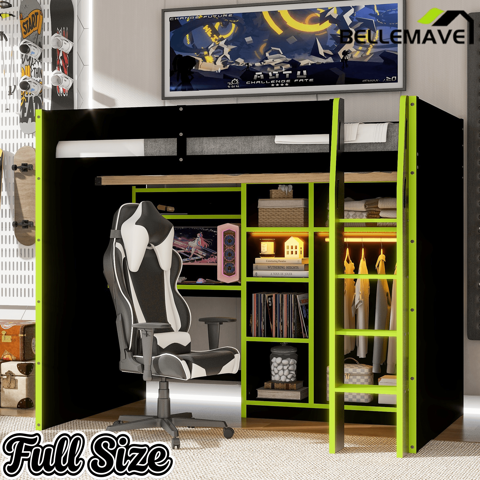 Bellemave® Full Size Wood Loft Bed with Desk, Open Wardrobe, Storage Compartments and RGB Lights - Bellemave