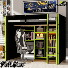 Bellemave® Full Size Wood Loft Bed with Desk, Open Wardrobe, Storage Compartments and RGB Lights - Bellemave