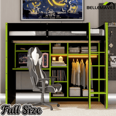 Bellemave® Full Size Wood Loft Bed with Desk, Open Wardrobe, Storage Compartments and RGB Lights - Bellemave