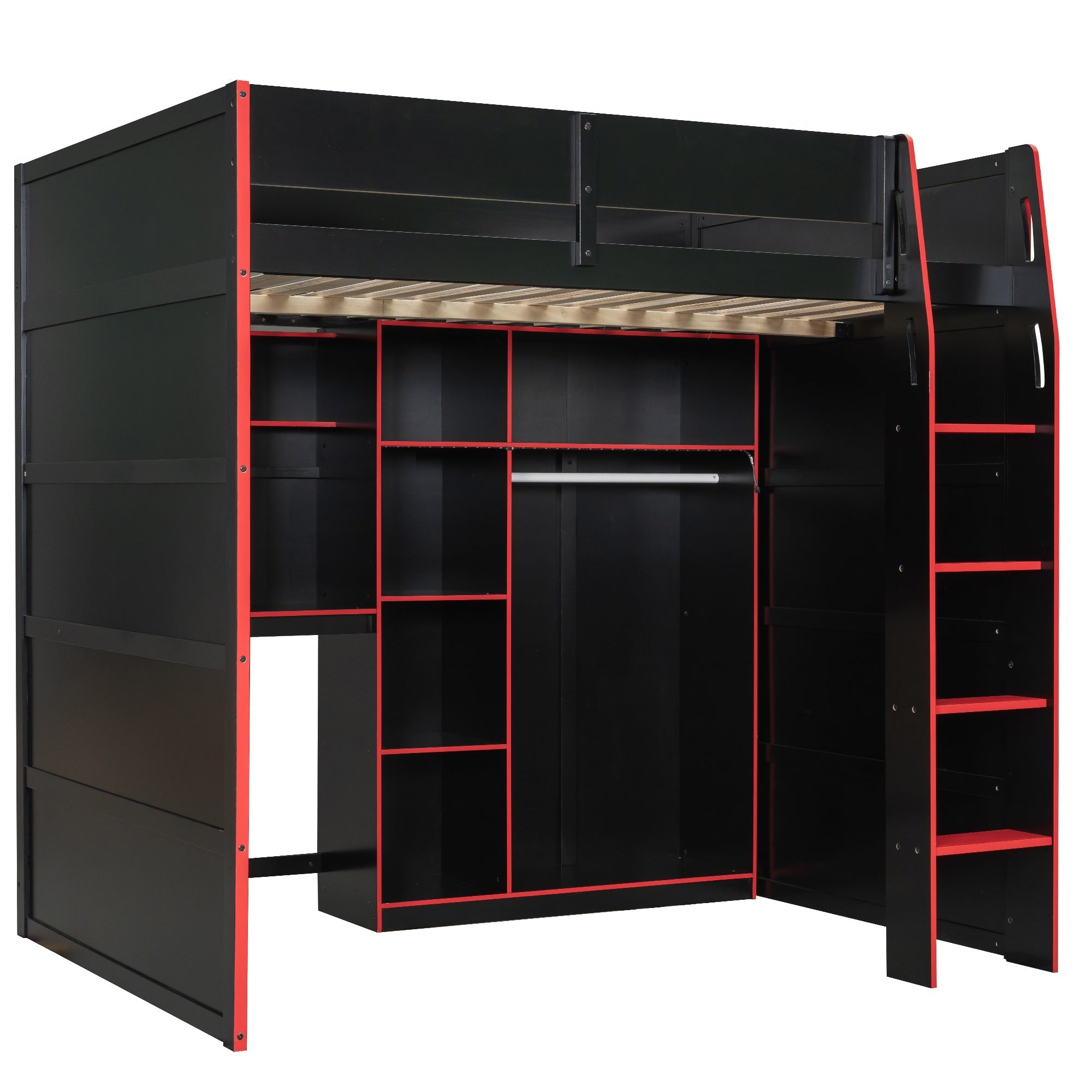 Bellemave® Full Size Wood Loft Bed with Desk, Open Wardrobe, Storage Compartments and RGB Lights - Bellemave