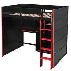 Bellemave® Full Size Wood Loft Bed with Desk, Open Wardrobe, Storage Compartments and RGB Lights - Bellemave
